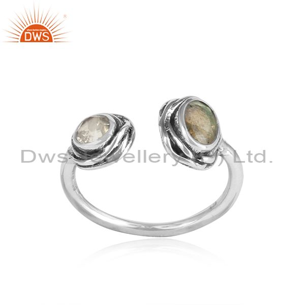 Labradorite And Crystal Quartz Cut Silver Adjustable Ring