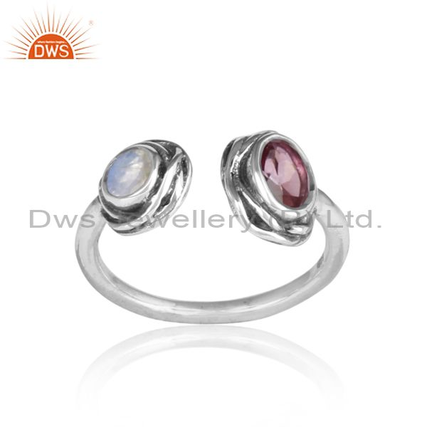Pink Topaz And Rainbow Moon Stone Cut Sterling Silver Ring