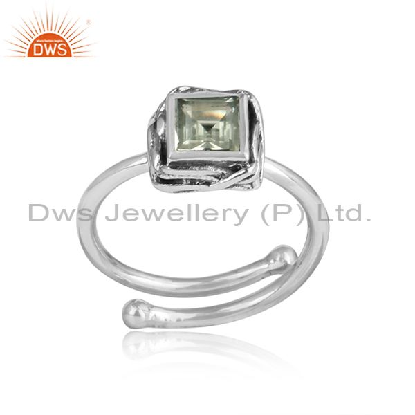 Green Amethyst Square Cut Sterling Silver Ring