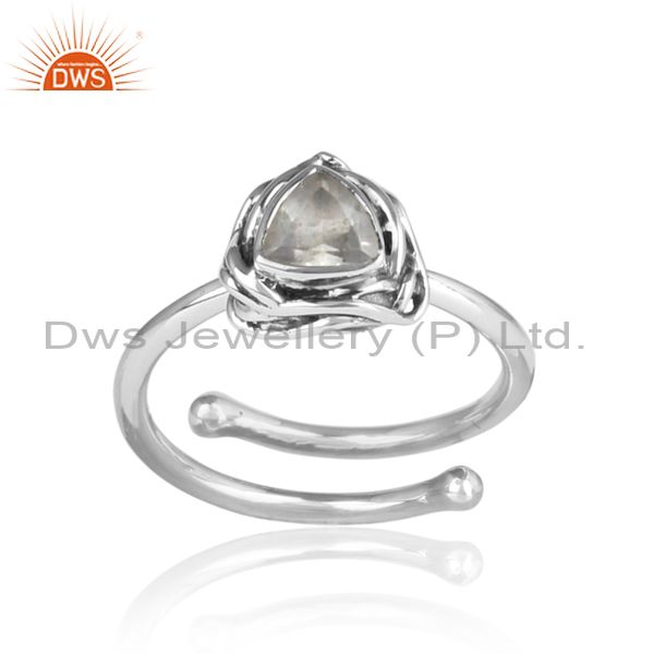 Triangular, Clear Crystal Quartz 925 Oxidized Silver Ring