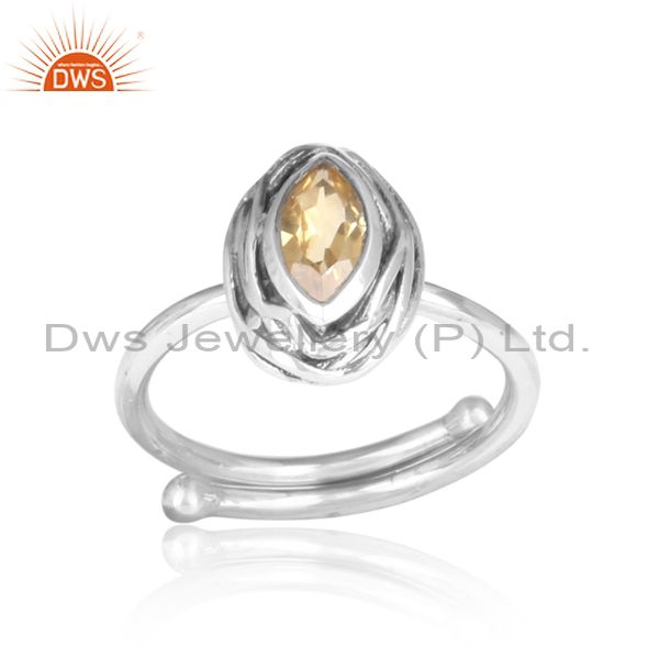Gold Citrine Oval Shaped Adjustable 925 Silver Oxidized Ring