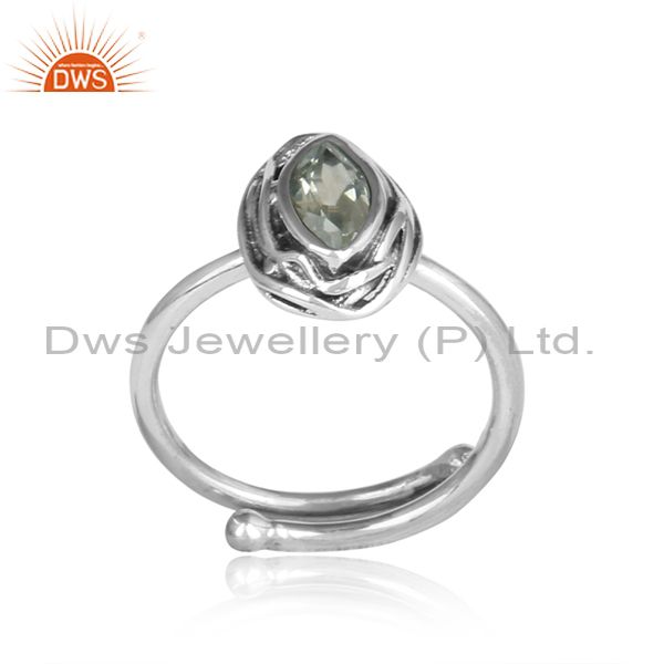 Green Amethyst Set Sterling Silver Oxidized Adjustable Ring