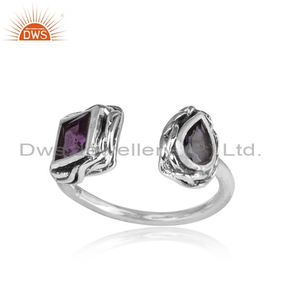 Amethyst And Iolite Set Oxidized Sterling Silver Facing Ring