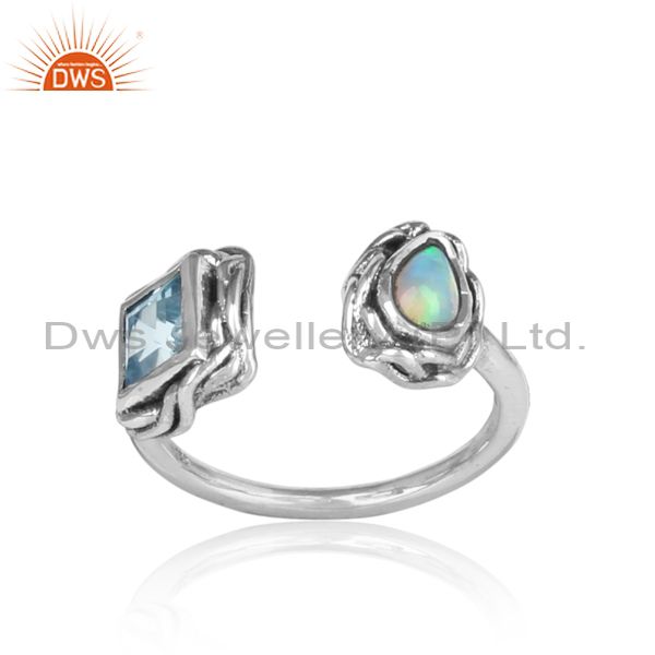 Multi- Stone Blue Topaz, Ethiopian Opal 925 Silver Ring