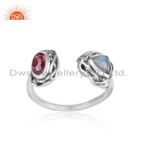 Pink Topaz, Rainbow Moon Stone Oxidized Silver Wrapped Ring