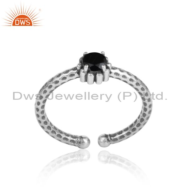 Black Onyx Set In 925 Silver Oxidized Ring With Spots