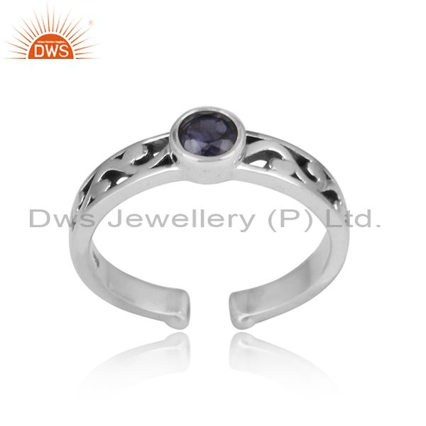 Iolite Round Cut Oxidized Adjustable Sterling Silver Ring