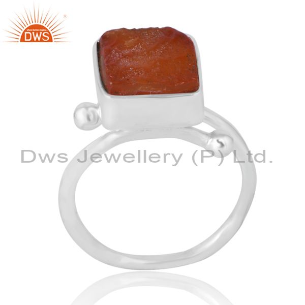 Silver Square Adjustable Ring With Carnelian Rough Stone