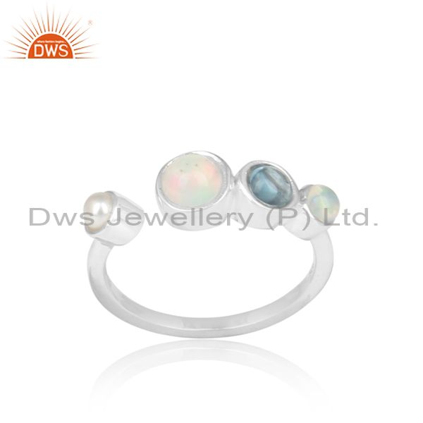 Ethiopian Opal, Pearl And Blue Topaz Set Fine Silver Ring