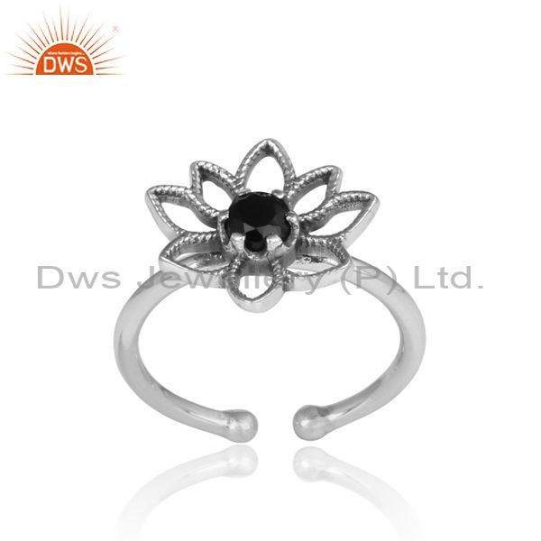 Handmade Oxidized Silver Floral Ring Set With Black Onyx