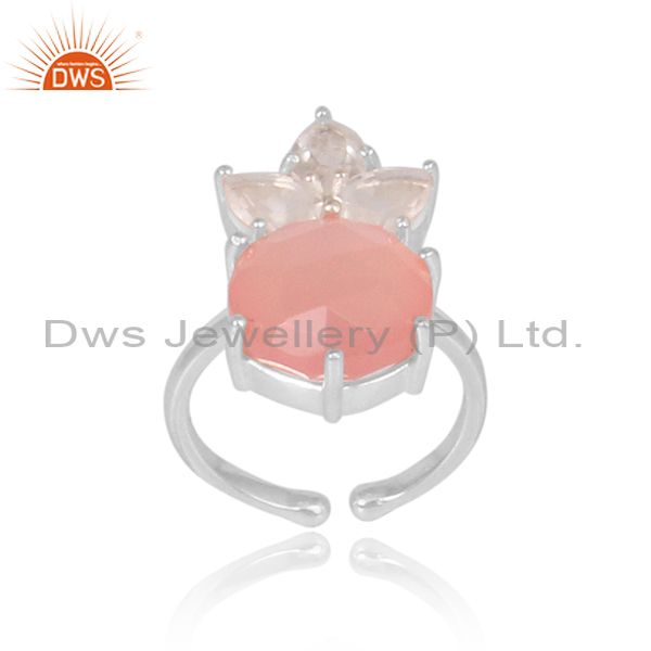 Rose Chalcedony And Crystal Quartz Set Fine 925 Silver Ring