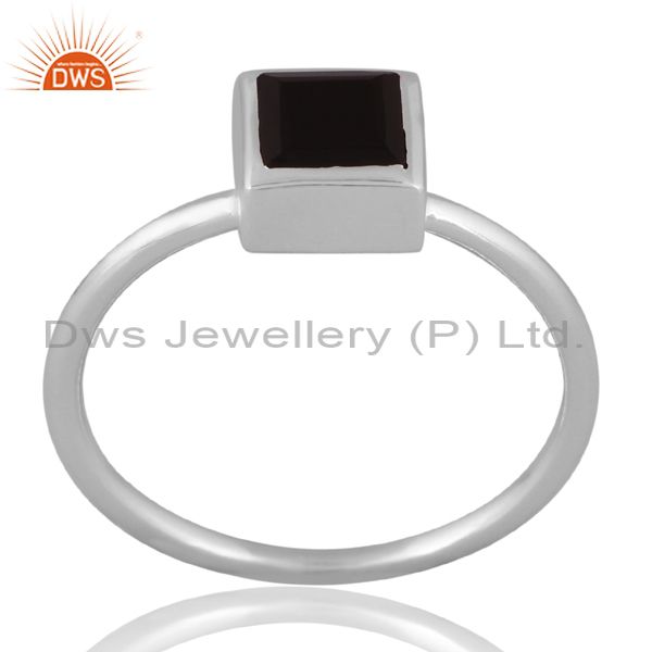 Sterling Silver White Ring With Black Onyx Square Cut