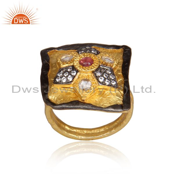 Cz And Pink Tourmaline Set Gold On Silver Traditional Ring