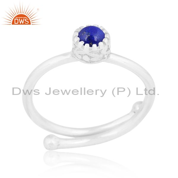 Elegant Lapis Cabochon Round On White Sterling Silver Ring