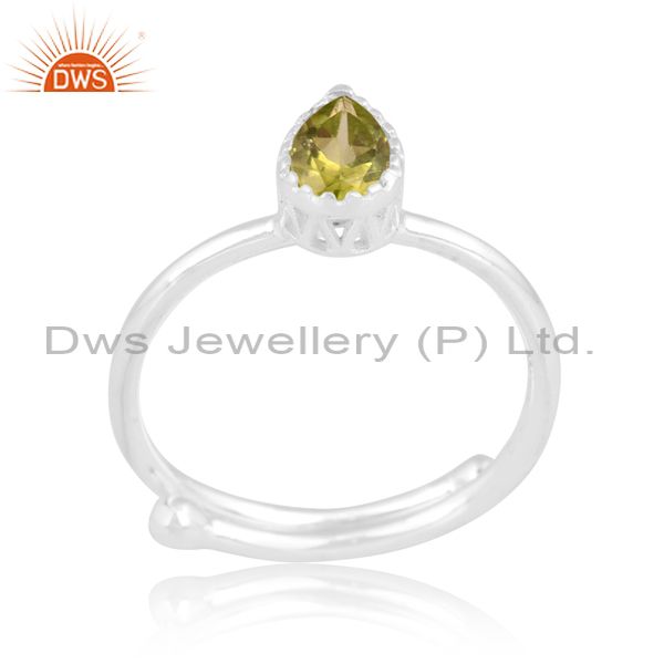 Peridot Cut Pear Shaped Stone On White Sterling Silver Ring