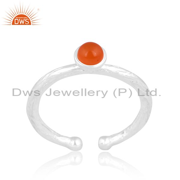 White Sterling Silver Ring With Carnelian Cabochon Round Cut