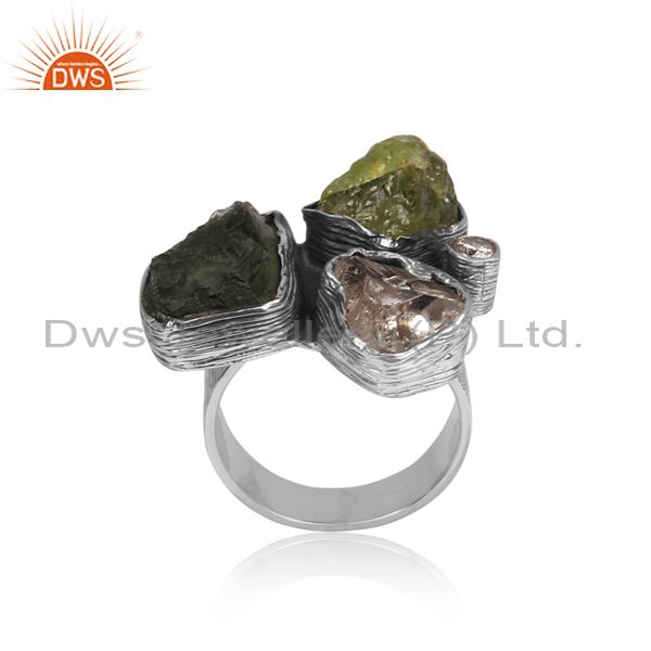 Cz, Herkimer Diamond, And Moldavite Set Oxidized Silver Ring