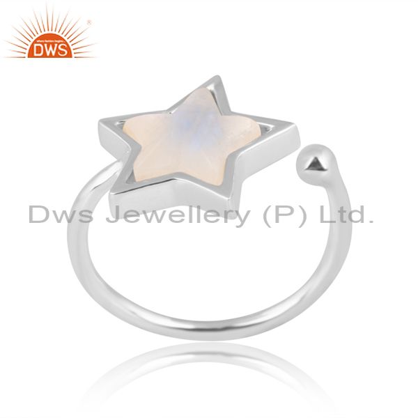 White Sterling Silver Ring With Plain Star Rainbow Moonstone