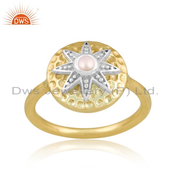 Brass Gold Star Ring With Pearl Cabushion Round Cut Stone