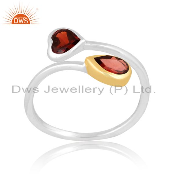 Silver Gold Ring With Garnet Cut Heart And Pear Stone
