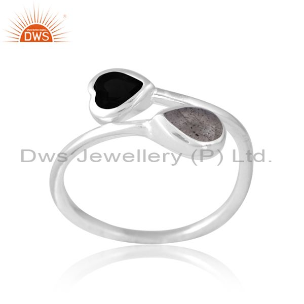 Silver White 18K Ring With Labradorite And Black Onyx