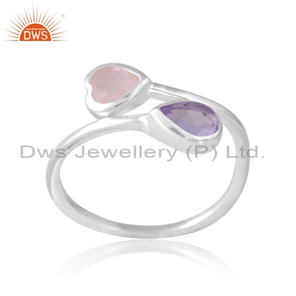 Silver White 18K Ring With Pink Amethyst And Rose Quartz