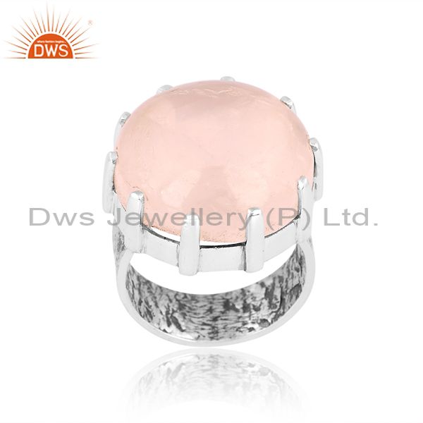 Rose Quartz Cabochon Round On Sterling Silver Oxidized Ring