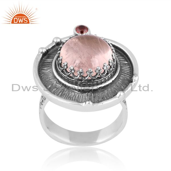 Oxidized Sterling Silver Ring With Rose Quartz Patti Texture