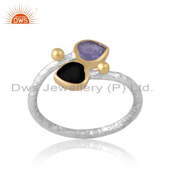 Silver Gold White Ring With Tanzanite And Black Onyx