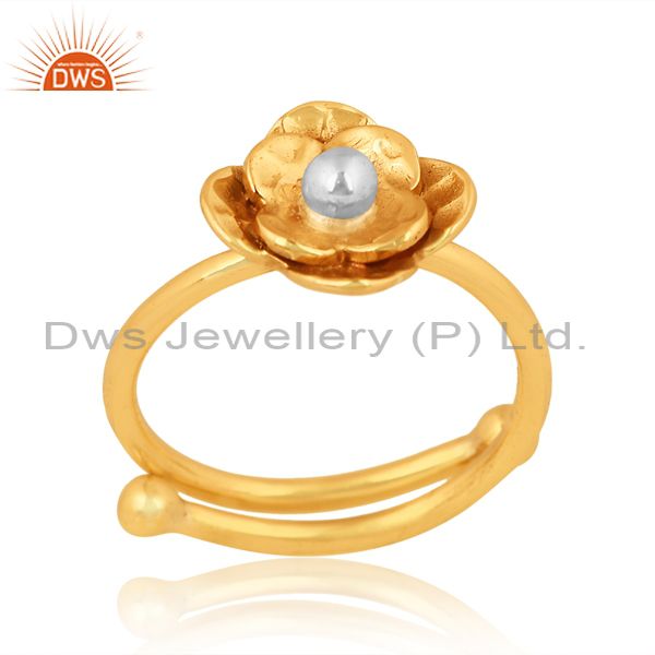 Wire Brass Gold Floral Ring With A Silver Ball In Middle