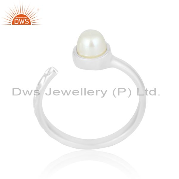 Adjustable Full Band Silver Ring With Pearl Cabushion Round