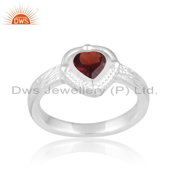 Sterling Silver White Ring With Heart Cut Garnet