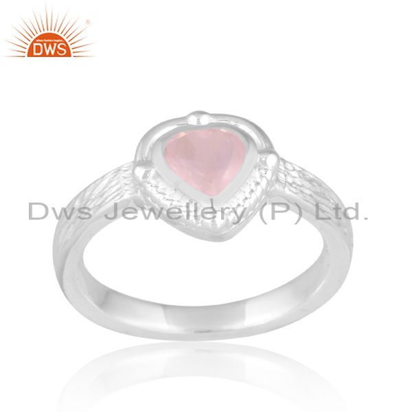 Sterling Silver White Ring With Heart Cut Rose Quartz