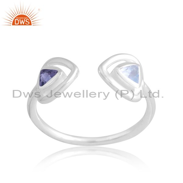 Adjustable Silver White Ring With Iolite And Blue Topaz