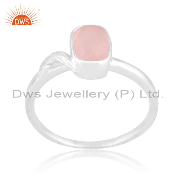 White Sterling Silver Ring With Rose Quartz Cabochon Octagon