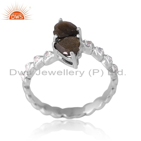 Silver Gold Ring With Palladium Plating, Topaz, And Obsidian