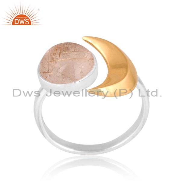 Sterling Silver Gold Ring With Golden Rutile Cabushion Round