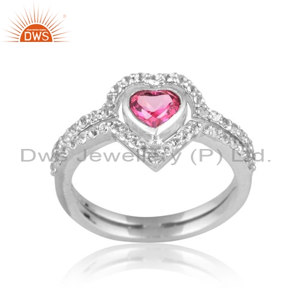 Sterling Silver Gold Heart Ring With Pink And White Topaz