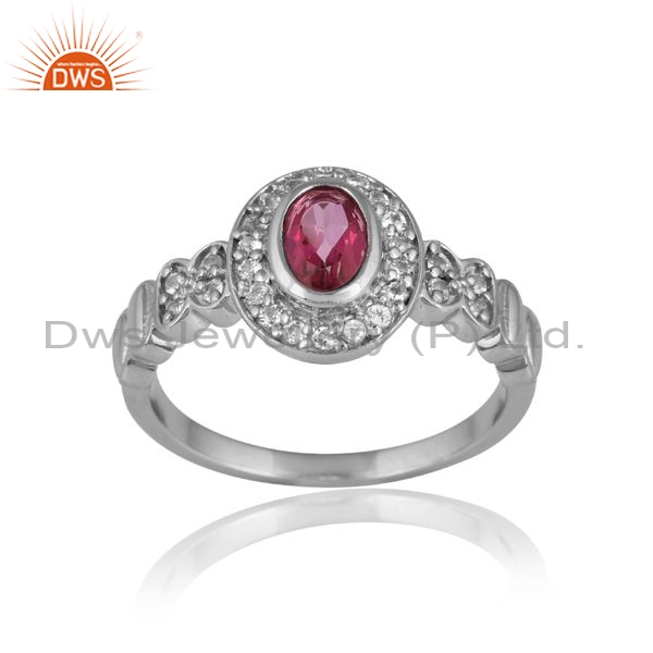 Silver White Decorated Ring With White And Pink Topaz