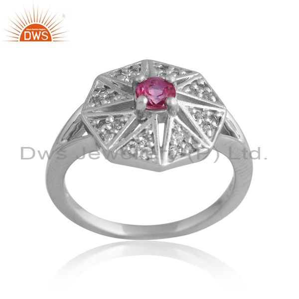 Sterling Silver White Ring With Pink And White Topaz