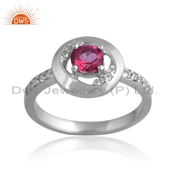 925 Silver White Ring With Pink And White Topaz Round