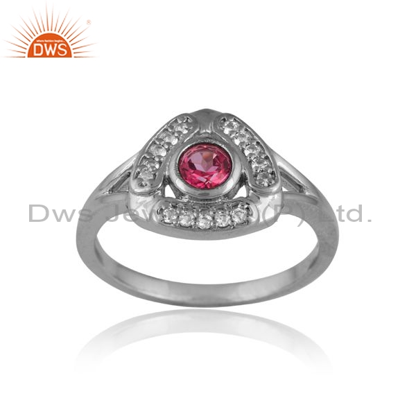 Sterling Silver White Ring With Pink Topaz In Middle