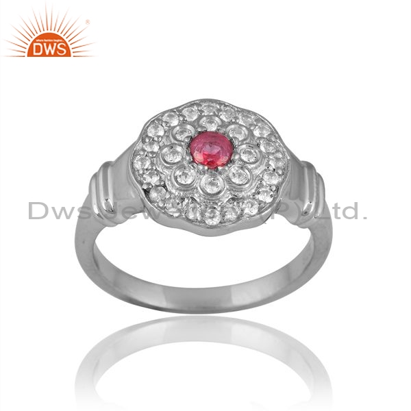 Silver Ring With Pink Topaz And Double Layered White Topaz