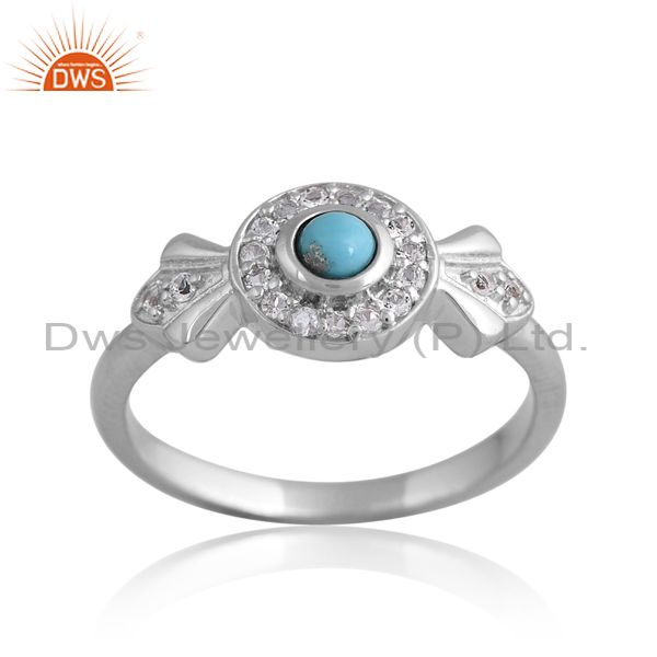 Silver Antique Ring With Arizona Turquoise And White Topaz