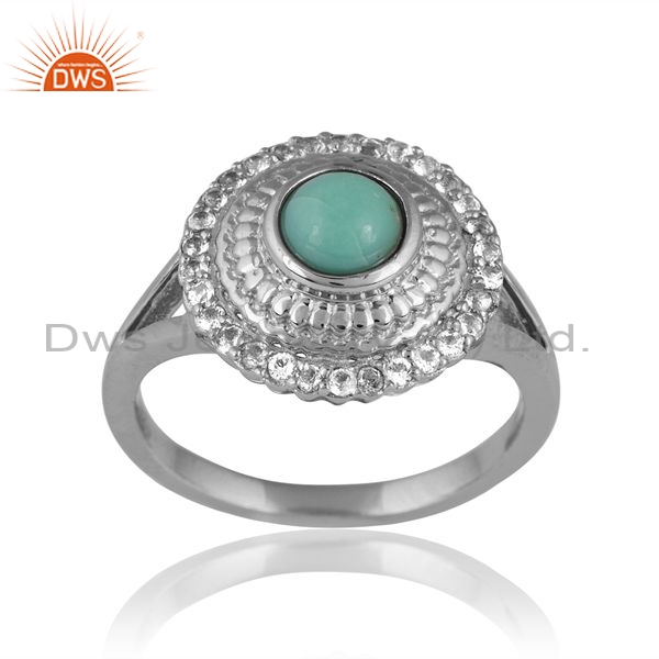 Silver Ring With Arizona Turquoise And White Topaz Round Cut