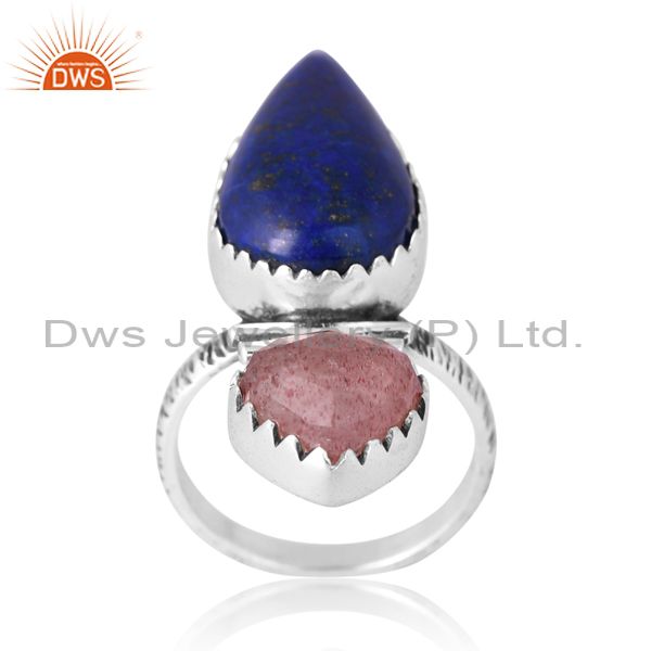 925 Silver Ring With Lapis Commotion And Strawberry Quartz