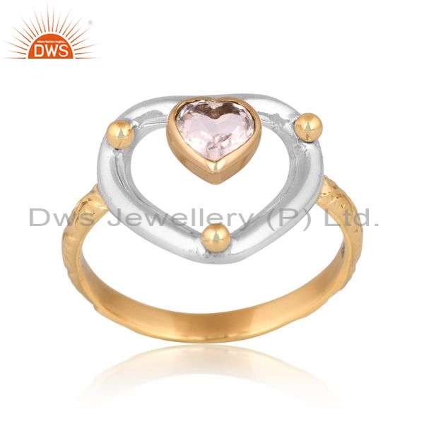 Brass Gold White Ring With Crystal Quartz Cut Heart