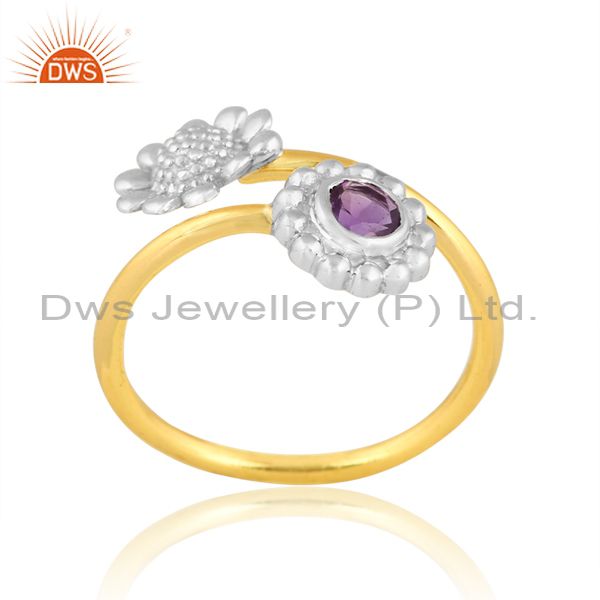 Sterling Silver Gold And White Ring With Amethyst Round Cut