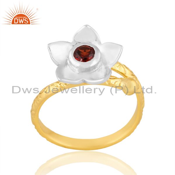 Brass Gold And White Floral Ring With Garnet Round Cut