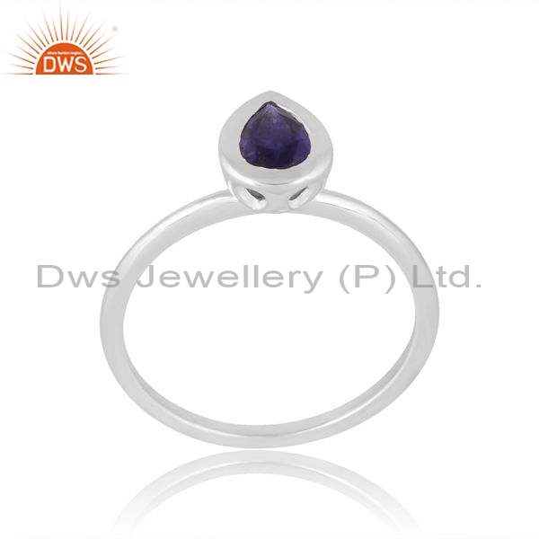 Sterling Silver White Ring With Iolite Pear Cut Stone